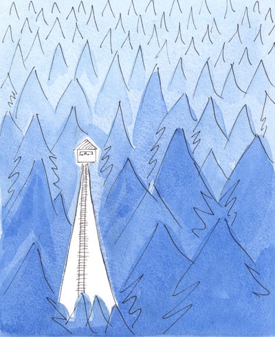 Um guarda florestal em uma torre de vigia vive em um oásis de luz em meio a uma paisagem desolada, fria e escura, 2003 (w - c no papel) de Elizabeth Wang