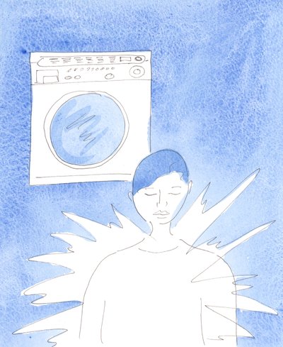 O interior de uma máquina de lavar é mantido iluminado e brilhando pelo movimento das roupas nela, em lavagens frequentes, 2002 (w - c no papel) de Elizabeth Wang