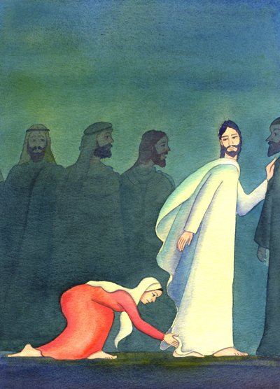Uma mulher pensou consigo mesma: "Se ao menos puder tocar na bainha de Suas vestes, serei curada", 2001 (w - c no papel) de Elizabeth Wang