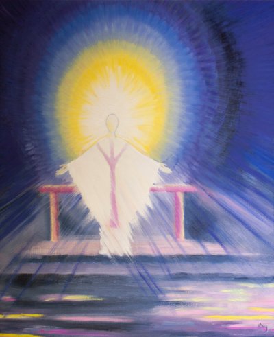 Depois da consagração na missa, Jesus Cristo, verdadeiro Deus e verdadeiro homem, está presente conosco em toda a sua glória, 2000 (óleo a bordo) de Elizabeth Wang