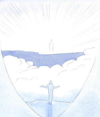 Após a &39;porta&39; de nossa morte, Cristo convida aquele que O ama a sair e cruzar o abismo, confiante de ser carregado, 2001 (w - c no papel) de Elizabeth Wang