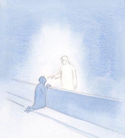 Toda a minha ansiedade foi interrompida pelo toque de Sua mão. Ele me mostrou minha dignidade, como amigo dele, e me encorajou a confiar., 2000 (w - c no papel) de Elizabeth Wang