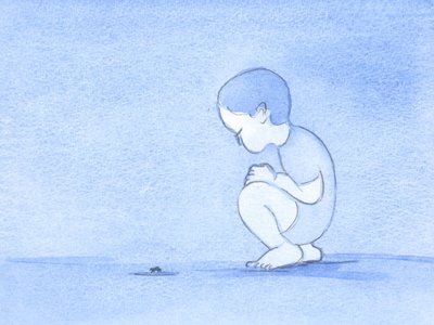 Todas as criaturas estranhas, como o inseto que esta criança observa, foram feitas da generosidade de Deus e para o deleite do homem; mas agora somos imperfeitos e a natureza desordenada, 2002 (w - c no papel) de Elizabeth Wang