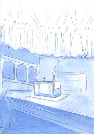 Todos os que fazem orações sinceras, durante o Santo Sacrifício da Missa, estão orando por Cristo e com os Santos do Céu, 2002 (w - c no papel) de Elizabeth Wang