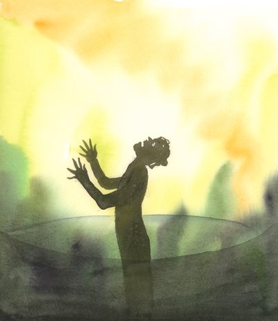 Uma alma impenitente que tinha morrido e estava prestes a cair nas profundezas do Inferno gritava com fúria contra o Deus Santo - o único Deus - que essa alma desprezava e cujas leis tinha ignorado, 2005 (aguarela sobre papel) de Elizabeth Wang