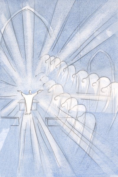 Anjos e Santos curvam-se em adoração à oferta de Cristo: "Por Ele, com Ele, Nele", 2001 (w - c no papel) de Elizabeth Wang