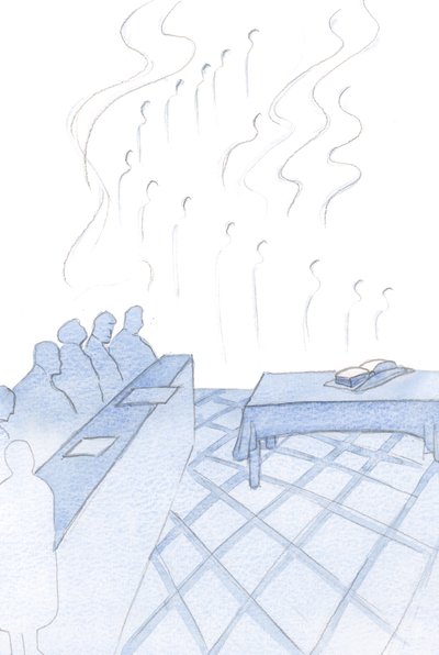 Os anjos ecoaram os humildes cantos dos frades, seu culto entrelaçado em alegria e bandeiras brilhantes, 2000 (w - c no papel) de Elizabeth Wang