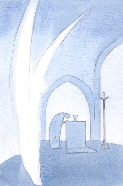 Os anjos honram a dignidade do povo amado de Cristo; eles se curvam em saudação, 2000 (w - c no papel) de Elizabeth Wang