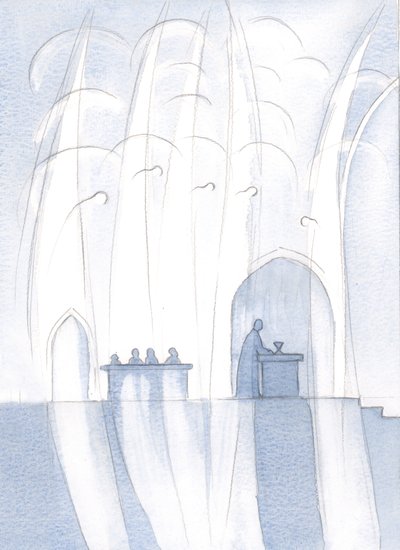 Anjos cercaram nosso padre e o altar, com Cristo Realmente Presente, 2000 (w - c no papel) de Elizabeth Wang