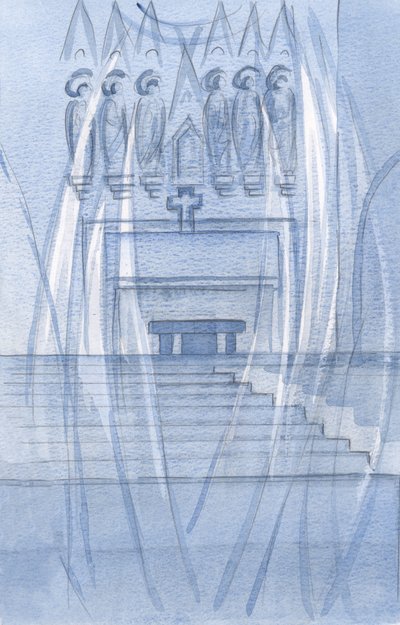 Os anjos adoram onde quer que Cristo esteja presente, independentemente da escuridão ou do frio., 2001 (w - c no papel) de Elizabeth Wang