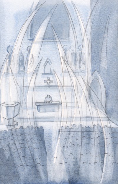 Os anjos adoram conosco na Santa Missa, curvando-se diante daquele que morreu e ressuscitou, 2000 (w - c no papel) de Elizabeth Wang