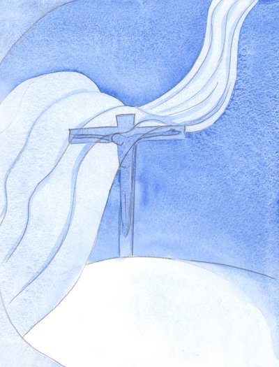 Enquanto Cristo derrama Seu Sangue em uma Nova Aliança, um grande vento malévolo sopra sobre a Cruz, ameaçando e destruindo, 2001 (w - c no papel) de Elizabeth Wang