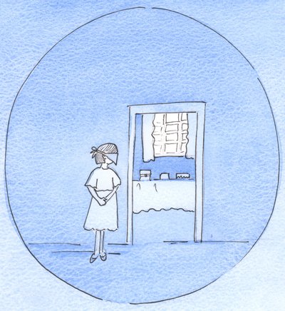 Como um pai amoroso aumenta a alegria de seu filho, antes de uma festa, pedindo que ela espere, com os olhos vendados, enquanto os preparativos são feitos, assim Deus esconda as alegrias que virão, para o nosso bem, 2003 (c - c no papel) de Elizabeth Wang