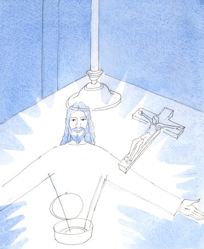 Assim que a píxide foi aberta, e eu adorei Jesus, Realmente Presente na Hóstia Sagrada, foi-me mostrado a visão alegre do próprio Jesus, estendendo os braços para me cumprimentar., 2004 (c - c no papel) de Elizabeth Wang