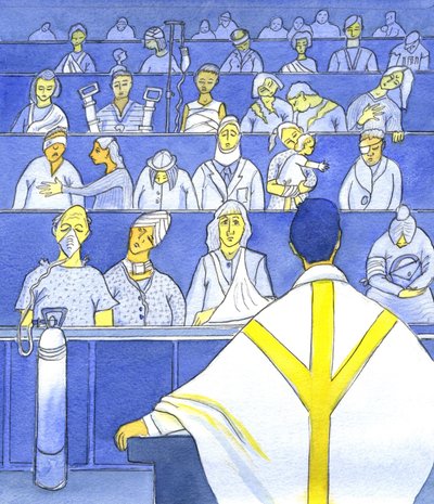 Enquanto o padre olha para sua congregação, preparando-se para pregar e ensinar na missa, ele deve se lembrar de como eles são necessitados, 2001 (w - c no papel) de Elizabeth Wang