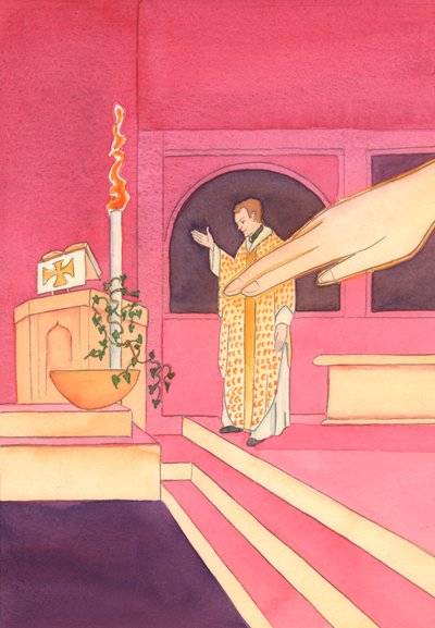 Quando o padre estendeu a mão para abençoar a água da pia batismal, na Páscoa, Deus Pai estendeu a mão e tocou a água, 2002 (w - c no papel) de Elizabeth Wang