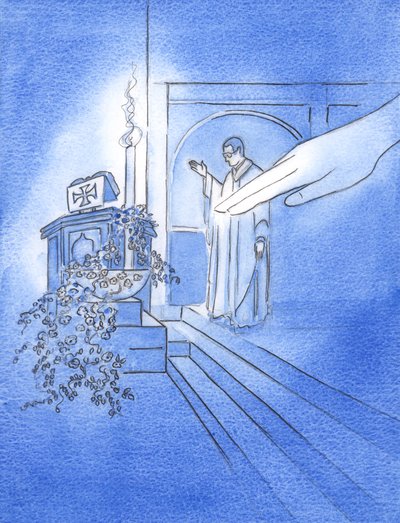 Quando o padre estendeu a mão para abençoar a água da pia batismal, na Páscoa, Deus Pai estendeu a mão e tocou a água, 2002 (w - c no papel) de Elizabeth Wang