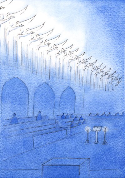 Enquanto pedíamos aos santos que orassem por nós na liturgia, eu vi os santos na glória, com as mãos estendidas, enquanto intercediam por nós que oramos abaixo, 2003 (w - c no papel) de Elizabeth Wang