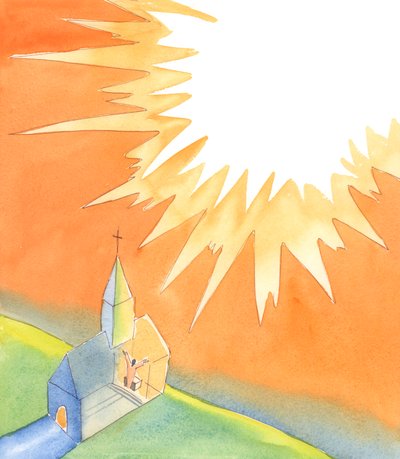 Quando nos reunimos na igreja para a missa, podemos ter a certeza de que o próprio Cristo estará connosco, oferecendo louvores dignos ao Pai a partir do nosso santuário, na presença de todos os Santos e Anjos, 2005 (aguarela sobre papel) de Elizabeth Wang