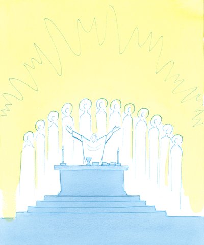 Ao louvarmos a Deus na Missa, com e por Cristo, louvamos a Ele com toda a Igreja, que inclui os Santos do Céu - aqui circundando o altar - e as Almas Santas, 2003 (w - c no papel) de Elizabeth Wang