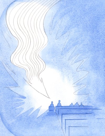 Na sagrada comunhão, uma grande chama, como uma flecha, desceu. Cristo chegou no poder do Seu Espírito, a vida do Pai, no Seu próprio amor, 2001 (w - c no papel) de Elizabeth Wang