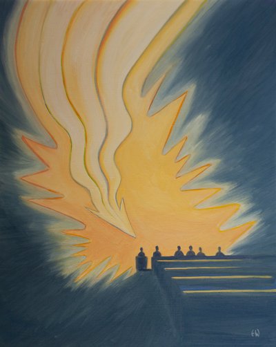 Na Sagrada Comunhão, uma grande chama, como uma flecha, desce sobre nós quando Cristo vem ao nosso encontro no poder do Espírito, 2001 (óleo a bordo) de Elizabeth Wang