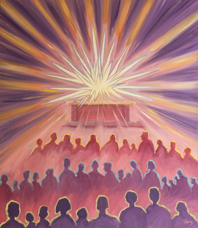 Na Missa, o Amor Divino do Pai envolve Jesus em um fogo branco do Sacrifício, 2000 (óleo a bordo) de Elizabeth Wang