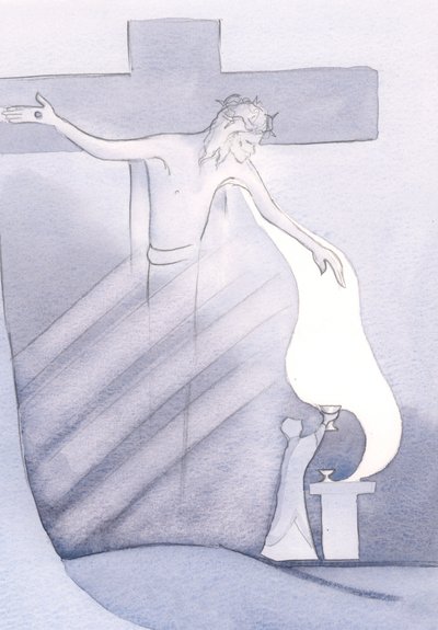 Em cada Missa, o Precioso Sangue de Cristo é derramado da Cruz, para a nossa salvação do pecado, 2000 (w - c no papel) de Elizabeth Wang