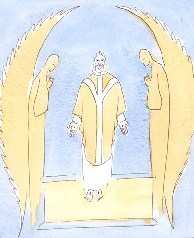 Em cada Missa, Jesus Cristo se faz presente diante de nós, nosso grande Sumo Sacerdote que intercede por nós junto a Seu Pai Celestial, 2004 (w - c no papel) de Elizabeth Wang