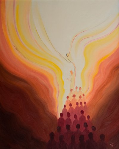 Em cada Missa, alcançamos e encontramos o Pai através do Sacrifício de Cristo nossa Cabeça, unidos uns com os outros e com Ele, 2002 (óleo a bordo) de Elizabeth Wang