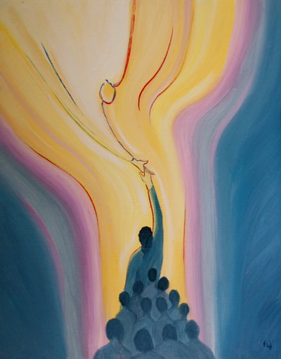 Em cada Missa alcançamos e encontramos o Pai através do Sacrifício de Cristo nossa Cabeça, unidos uns com os outros e com Ele, 2002 (óleo a bordo) de Elizabeth Wang