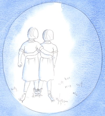 Com o nosso consentimento, Cristo pode nos atrair para uma &39;dupla&39; com Ele: como quando as crianças se abraçam, correndo avidamente na mesma direção, compartilhando o mesmo objetivo, 2002 (w - c no papel) de Elizabeth Wang