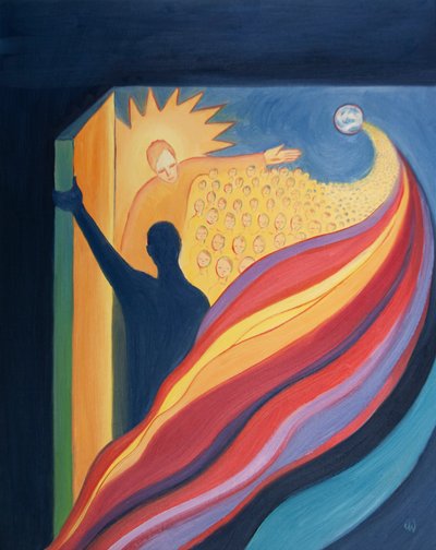 Na Ascensão, Cristo, nosso irmão, voltou ao Pai em triunfo e abriu um caminho para o Céu para nós, 2001 (óleo a bordo) de Elizabeth Wang