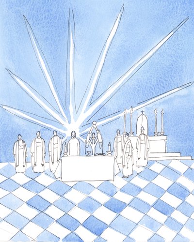 Na Consagração na Missa, em Blackfriars em Oxford, eu vi Cristo em pé atrás do altar, com os padres dominicanos que estavam concelebrando, 2004 (w - c no papel) de Elizabeth Wang