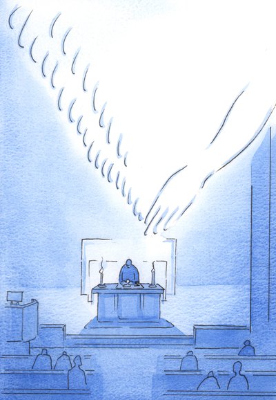 Na Consagração, o Espírito Santo, por um mero &39;toque&39;, transforma esses dons no Sagrado Corpo e Sangue de Cristo, 2002 (w - c no papel) de Elizabeth Wang