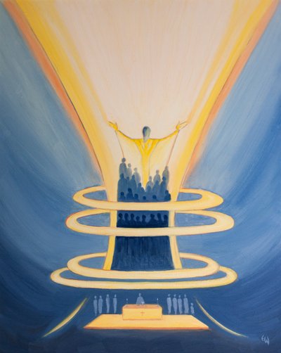 Na missa, o Espírito Santo nos une a Cristo como milho amarrado em um único feixe, 2.000 (óleo a bordo) de Elizabeth Wang
