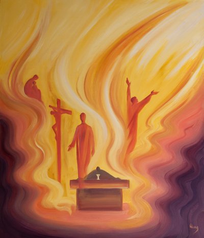 Na Missa estamos presentes a cada mistério da vida de Cristo, 2001 (óleo a bordo) de Elizabeth Wang