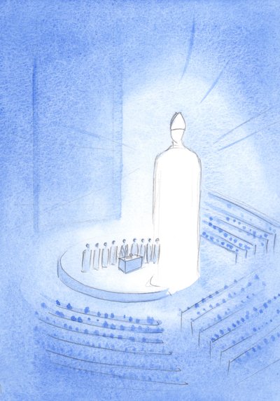 No centro do santuário da Basílica de Knock, vi Jesus durante a Santa Missa; Ele estava brilhando com luz, uma mitra em Sua cabeça, 2001 (w - c no papel) de Elizabeth Wang
