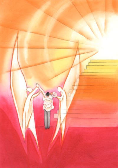 No final de sua vida um sacerdote fiel é ajudado pelos Anjos a colocar uma alva reluzente para poder subir a escada do trono do Pai, 2002 (w - c no papel) de Elizabeth Wang