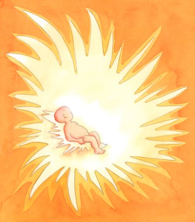 Pelo Batismo, a alma se torna uma fornalha de Amor Divino, enquanto a Trindade Residente - Pai, Filho e Espírito Santo - irradia Glória daquela alma sobre os outros, 2001 (w - c no papel) de Elizabeth Wang