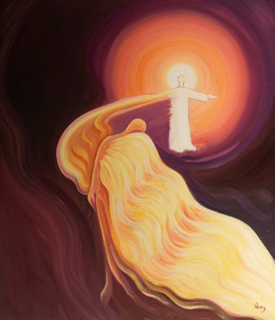 Ao aceitar o sofrimento inevitável, permitimos que a graça de Cristo se derrame através de nós para outras almas, 2000 (óleo a bordo) de Elizabeth Wang