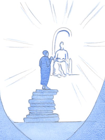 Ao colocar livremente nossos fardos na Presença de Cristo, é como se construíssemos uma escada para Ele e nos aproximássemos, 2002 (w - c no papel) de Elizabeth Wang