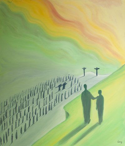 Meditando na Paixão de Cristo, tornamo-nos gratos a Ele e compassivos para com os outros, 2000 (óleo a bordo) de Elizabeth Wang