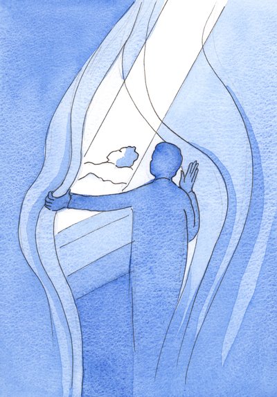 Por nossas orações fervorosas a Nossa Senhora, é como se afastássemos os fios das trevas, para deixar a luz do Céu brilhar sobre os necessitados, 2002 (w - c no papel) de Elizabeth Wang