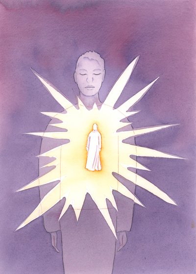 Pelo Espírito Santo, Cristo está presente na alma do batizado, irradiando Seu amor e sabedoria, irradiando a alma com alegria e bondade divinas., 2004 (w - c no papel) de Elizabeth Wang