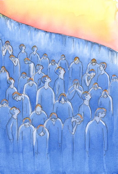 Pela misericórdia de Deus, as almas no Purgatório podem lamentar seu orgulho, ou ganância, ou crença morna, ou o que quer que tenha feito com que, embora crentes, estivessem mal preparados para a morte., 2004 (w - c no papel) de Elizabeth Wang