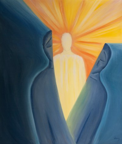 Pela verdadeira contrição e adoração abnegada, podemos irromper para encontrar o Cristo vivo e radiante em nossas imagens mentais infantis, 2001 (óleo a bordo) de Elizabeth Wang