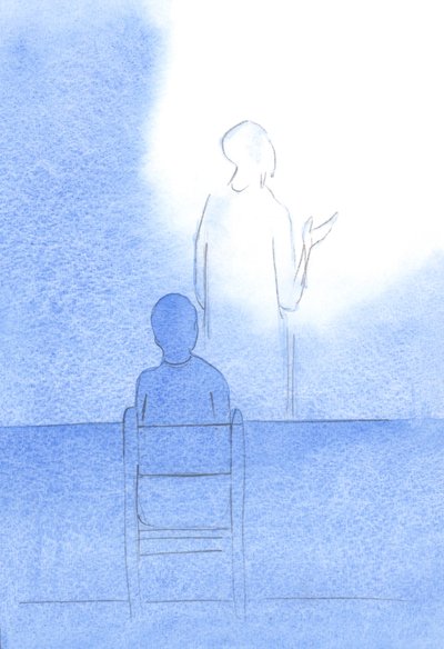 Cristo - de costas para mim - está voltado para o Pai e oferece nossa oração de agradecimento e graça antes das refeições, 2001 (w - c no papel) de Elizabeth Wang