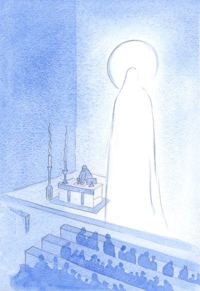 Cristo e Sua Santa Mãe estão vivos, no Céu agora, gloriosos. Ser assim glorificado é ser majestoso e perfeito em todos os sentidos, 2001 (w - c no papel) de Elizabeth Wang