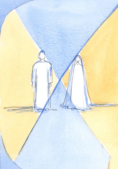Cristo e Sua Santa Mãe são criadores e criaturas, mas Cristo, o Deus-homem, "deve" a Maria Sua natureza humana, Sua carne e sangue, 2002 (w - c no papel) de Elizabeth Wang
